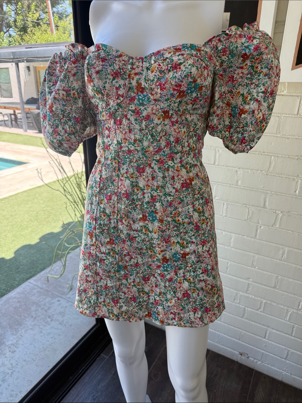 Astr Floral Puff-Sleeve Mini Dress in White, Pink, Teal, Rust